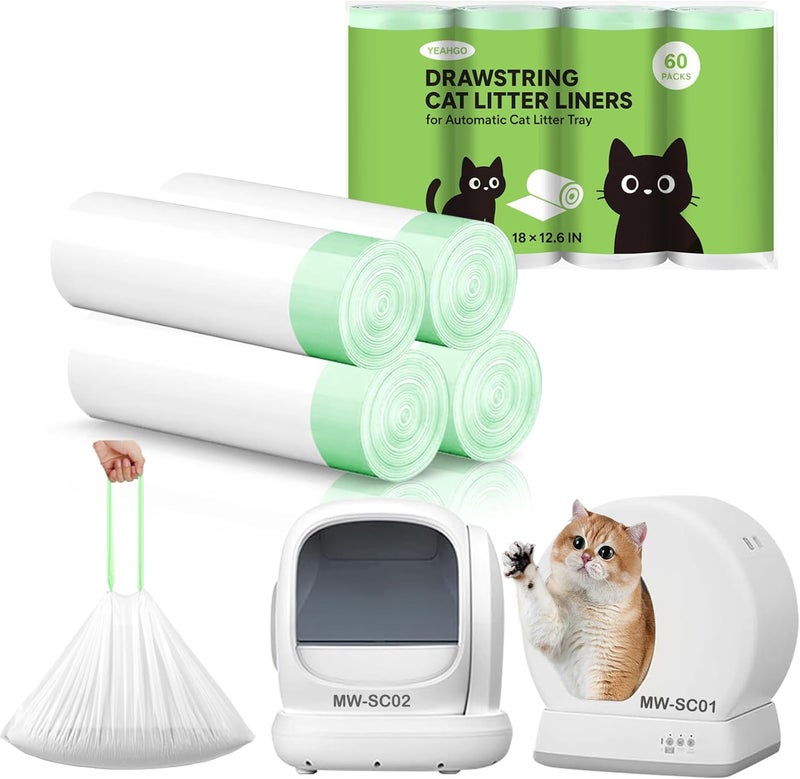 YEAHGO Automatic Cat Litter Box Liners Bags, Self-Cleaning Kitty Litter Liners Bags Compatible with MeoWant-SC01 & MeoWant-SC02, Heavy-Duty Thick Drawstring Replacement Liner Bag 18" x 12.6" (60 PCS) - Image 1